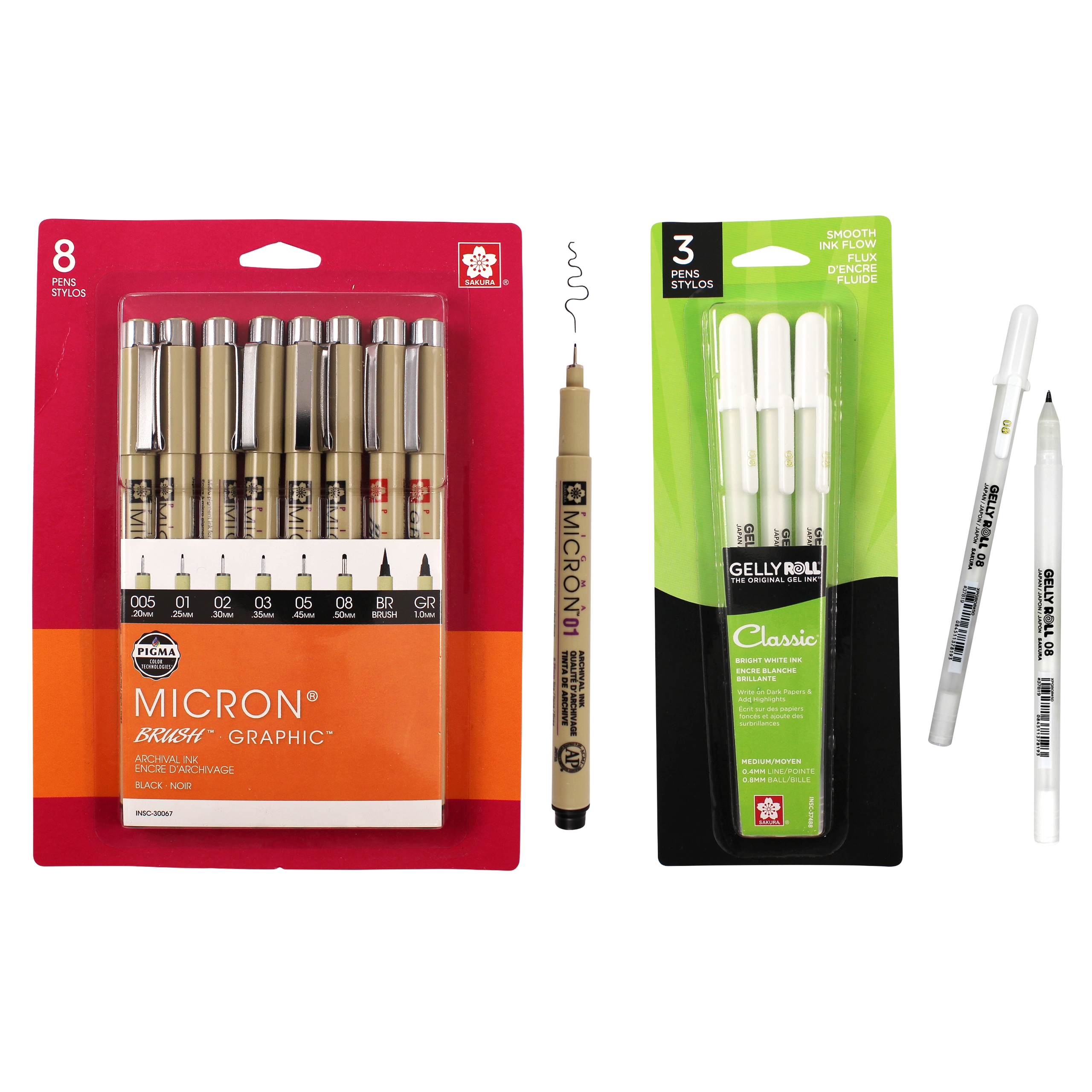 Sakura Pigma 30067 Micron Blister Card Ink Pen Set, Black, 8/Set & 37488 Gelly Roll Classic 08 (Medium Pt.) 3PK Pen, White