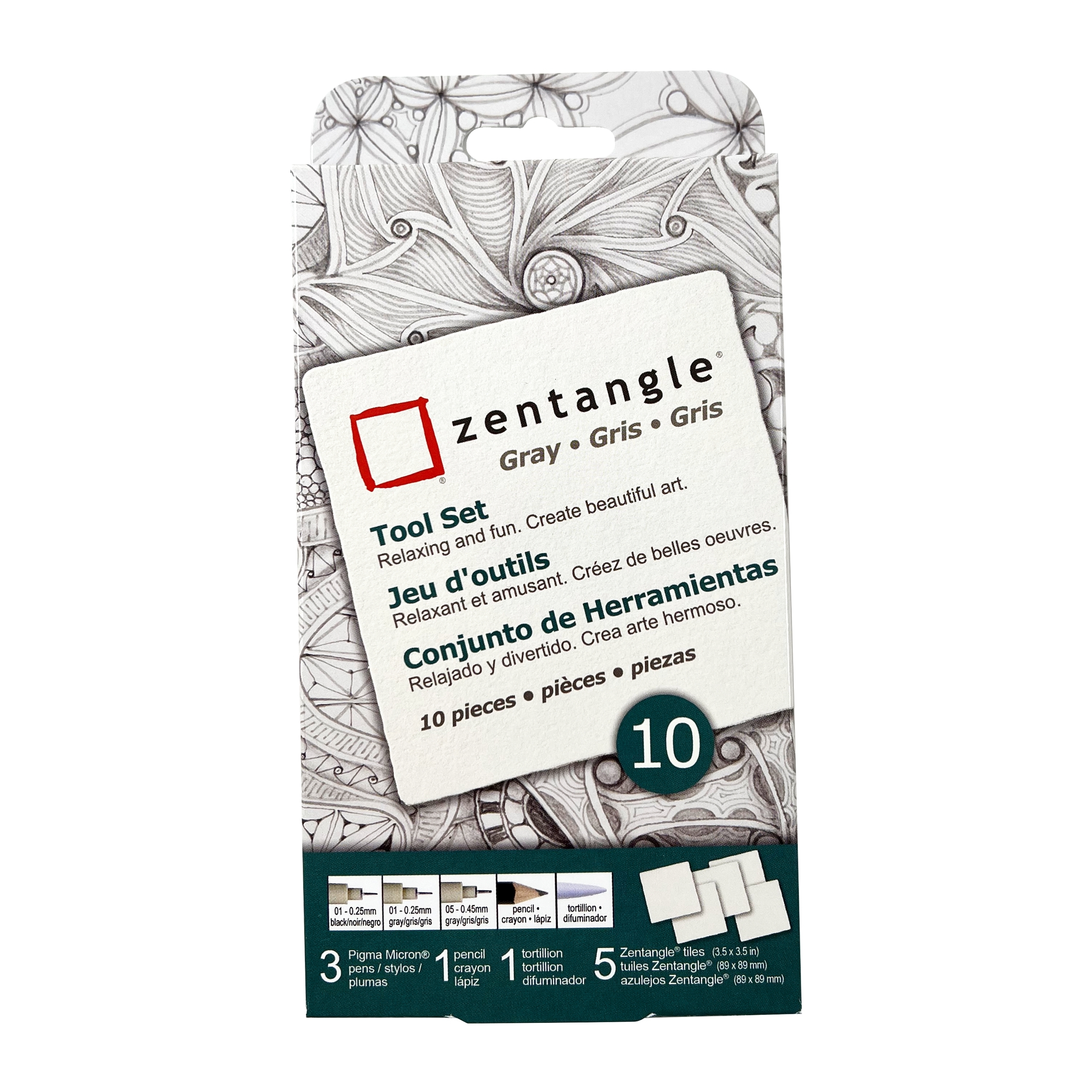 SAKURA Zentangle Gray Drawing Set w/ White Paper Tiles, Archival Micron Pens, 10 Pc Set 50117