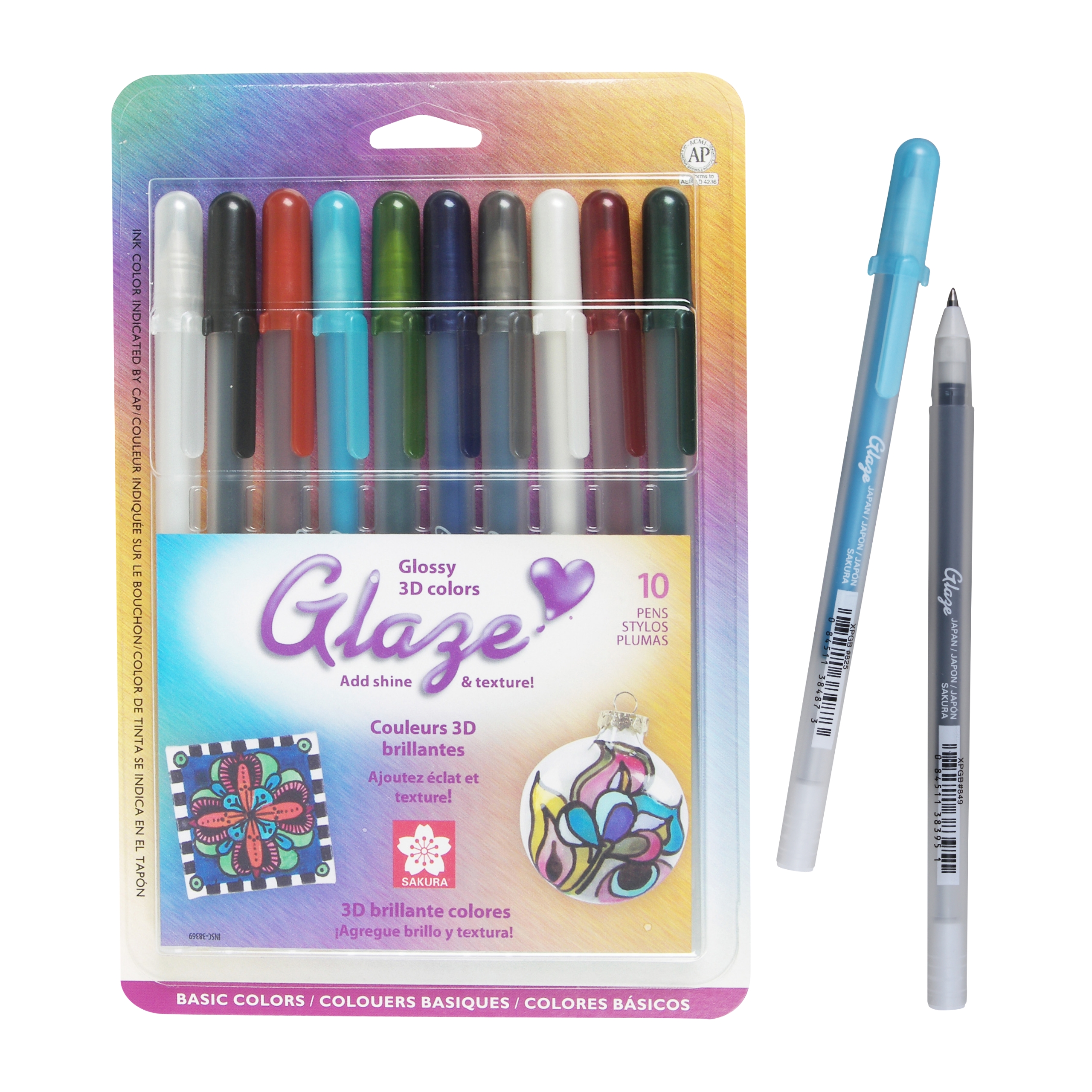 Glaze Sakura 38369 Blister Card Assorted Color 3-Dimensional Glossy Ink Pen Set, Basic, 10-Piece
