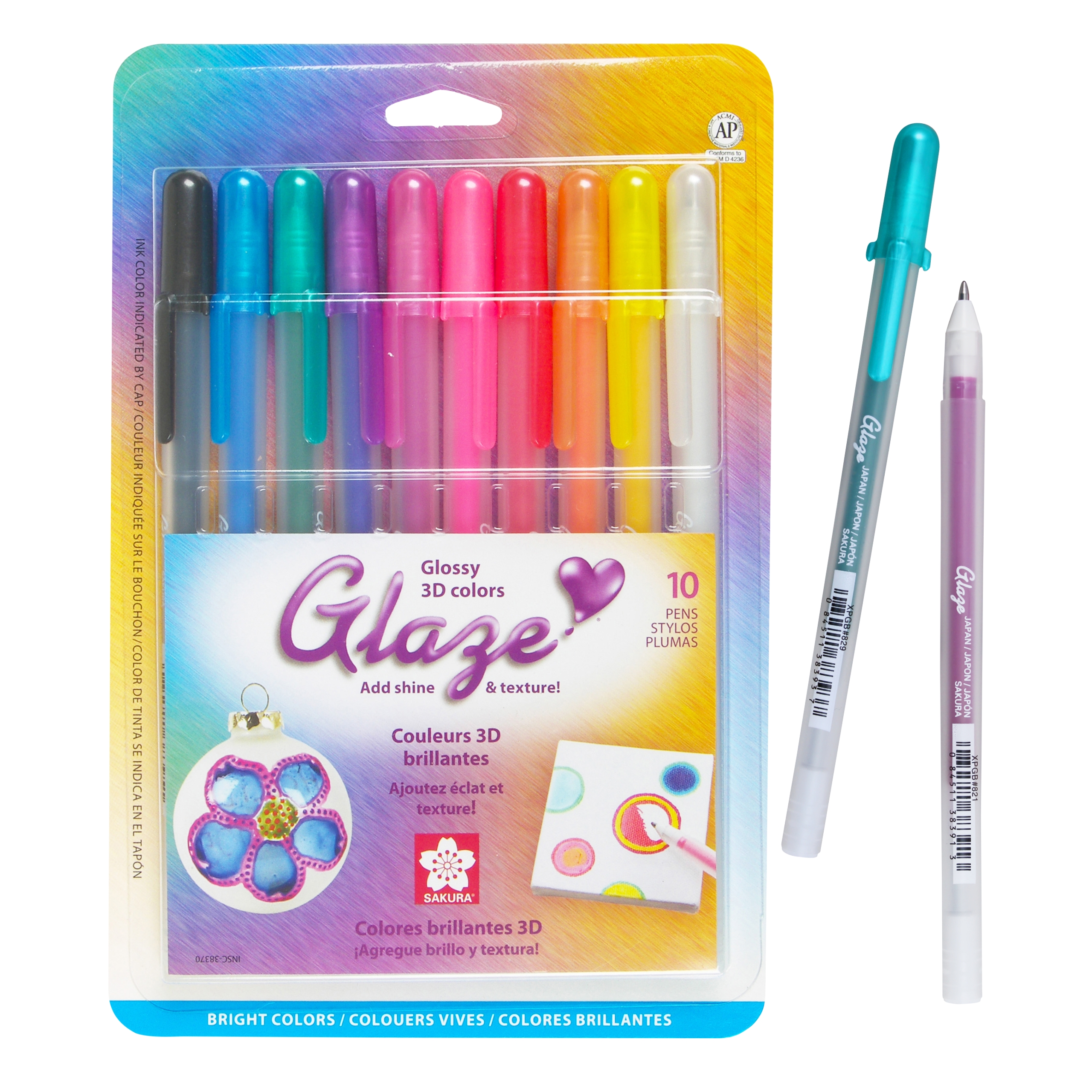 Sakura 38370 10-Piece Blister Card Glaze Assorted Color 3-Dimensional Glossy Ink Pen Set, Bright