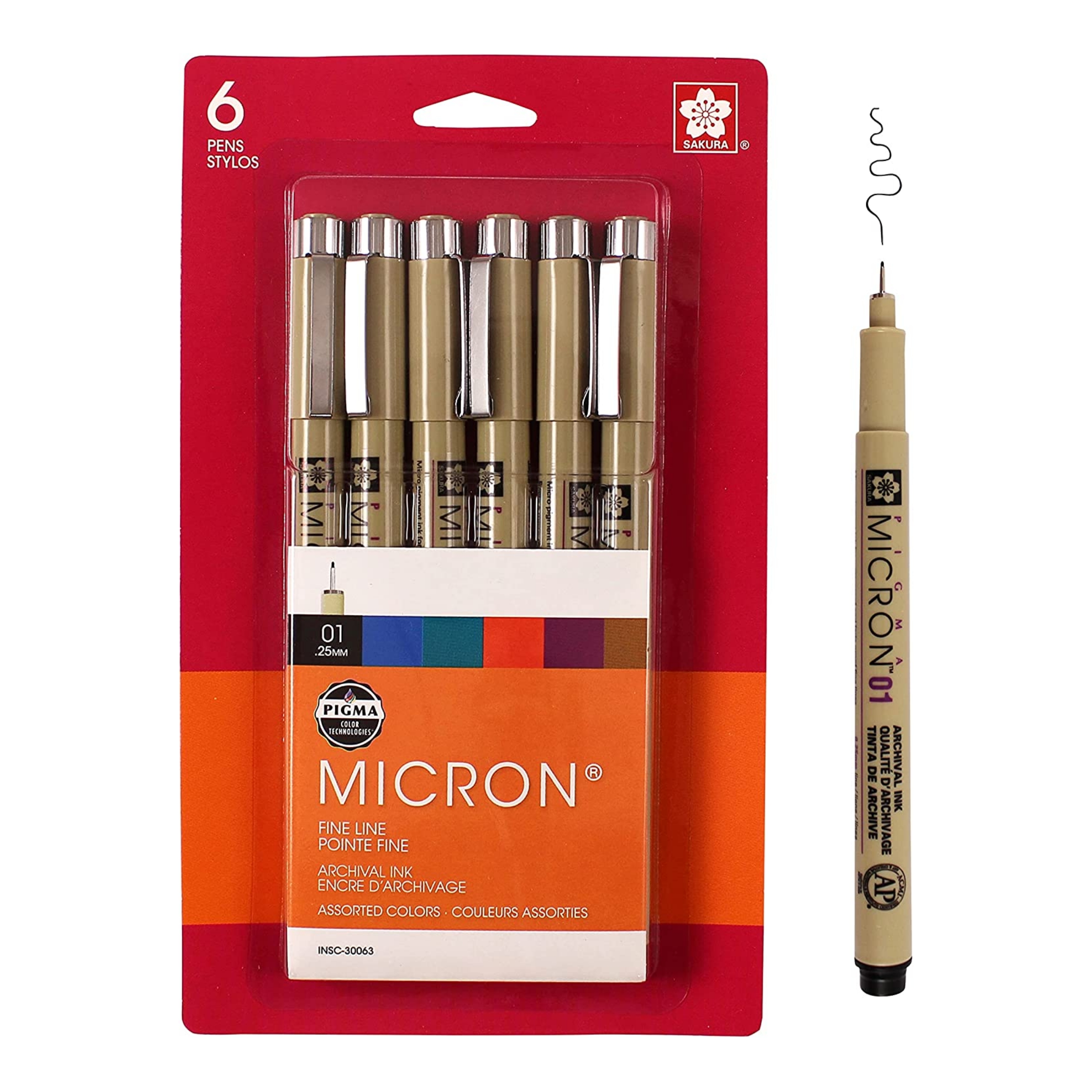 Sakura 30063 6-Piece Pigma Micron 01 Ink Pen Set, Assorted Colors