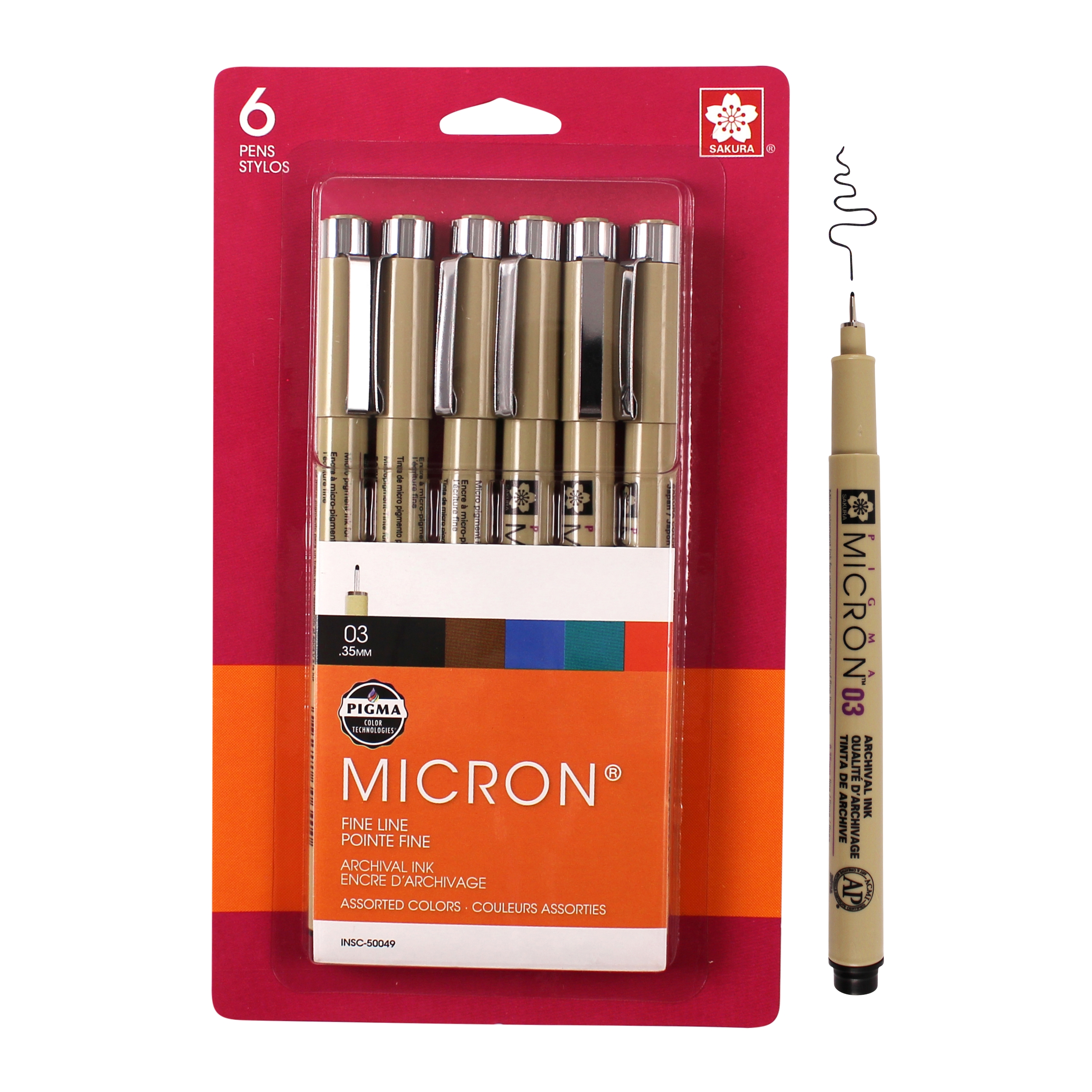 Sakura Pigma 50049 Micron Blister Card Ink Pen Set, Ass't Colors, 03 6CT