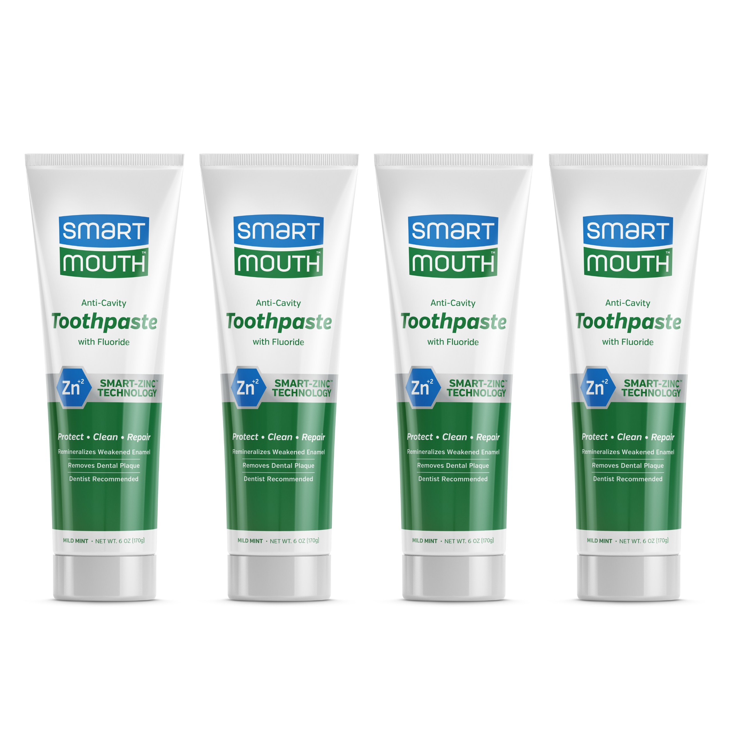 SmartMouth Premium Zinc Ion Toothpaste, Helps with Cavity, Enamel & Plaque, Mild Mint, 6 oz, 4 Pack