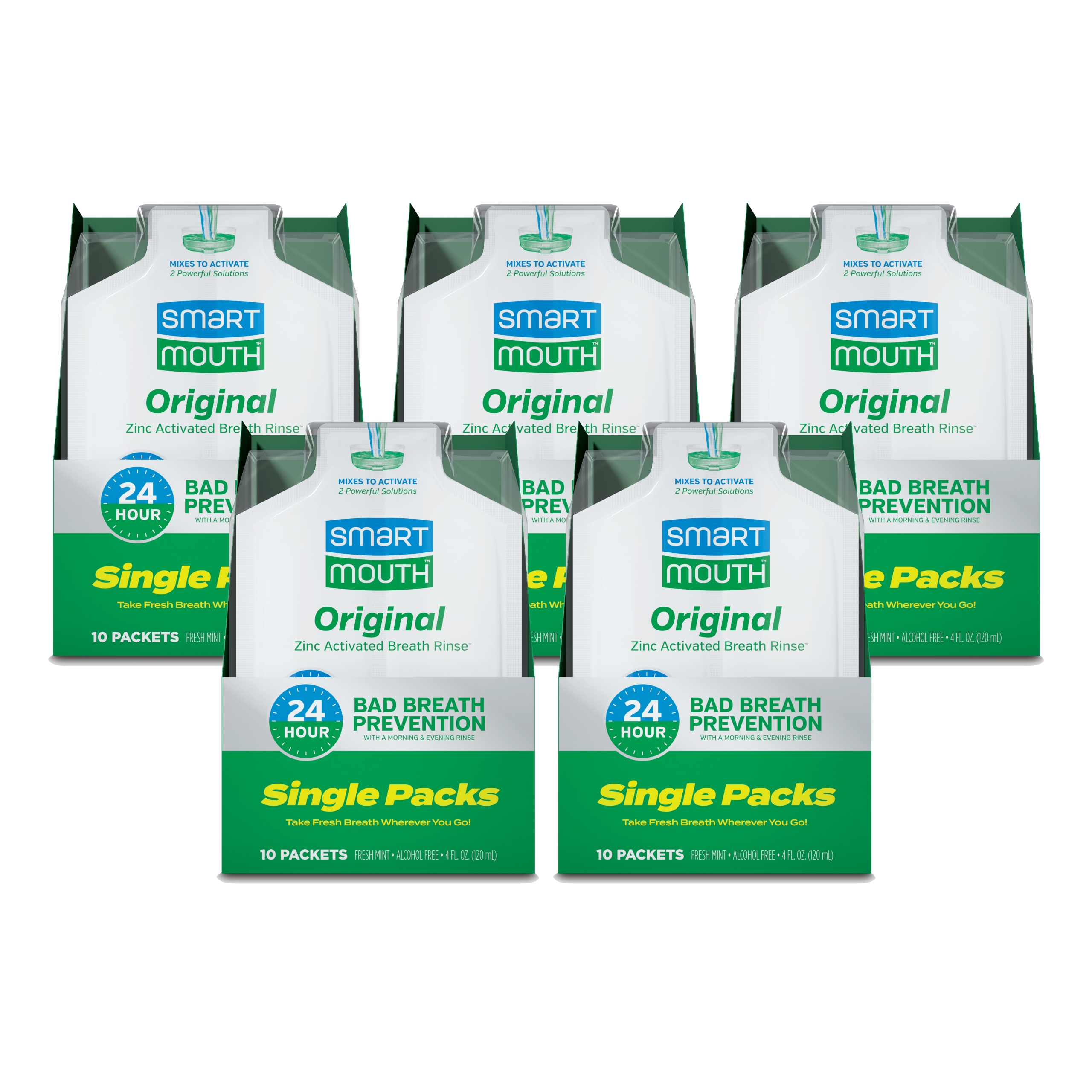 SmartMouth Mouthwash Travel Packets for 24 Hours of Fresh Breath Guaranteed, 5 Boxes, 10 Packs Each