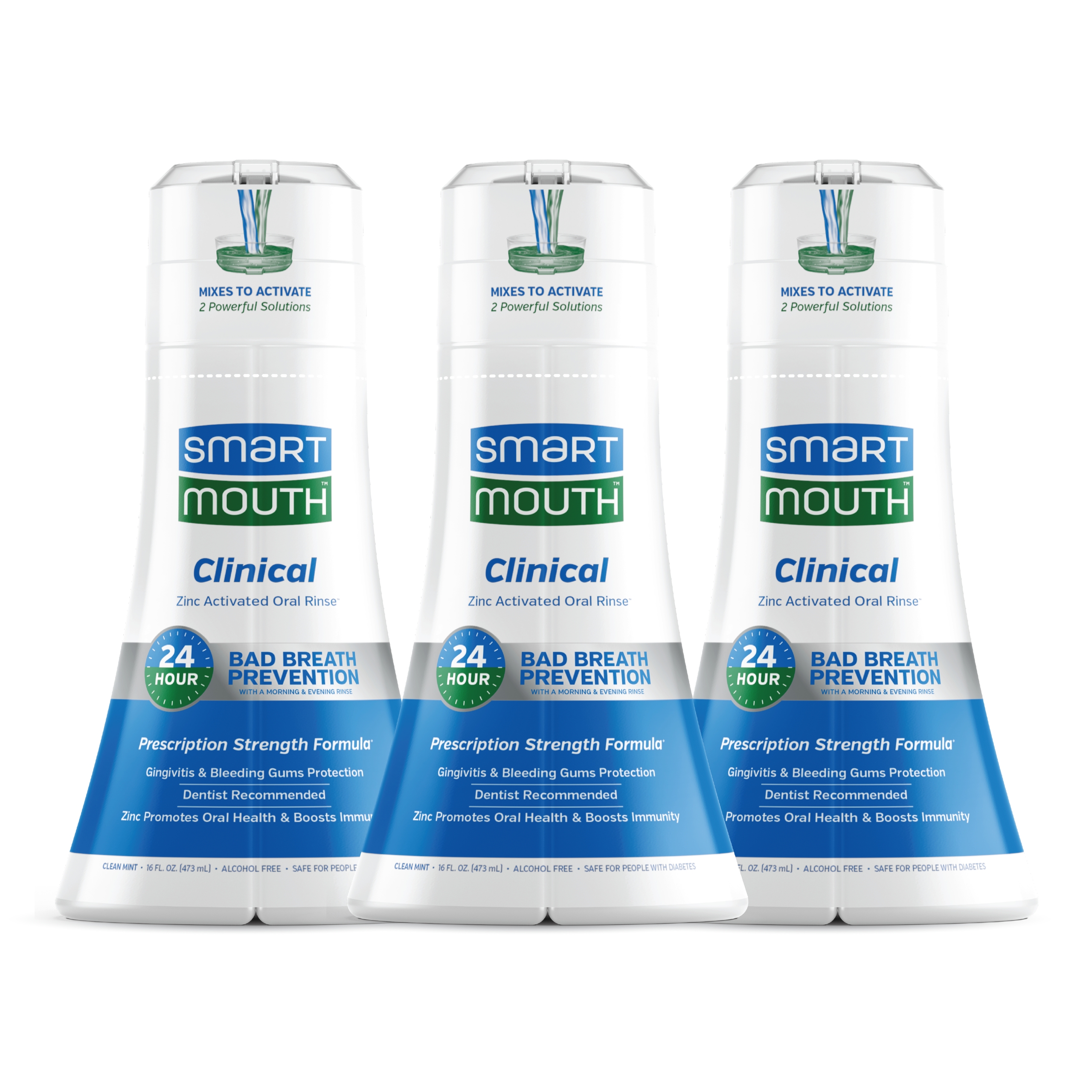 SmartMouth Clinical DDS Activated Mouthwash, Bad Breath and Bleeding Gums Support, 16 fl oz, 3 Pack