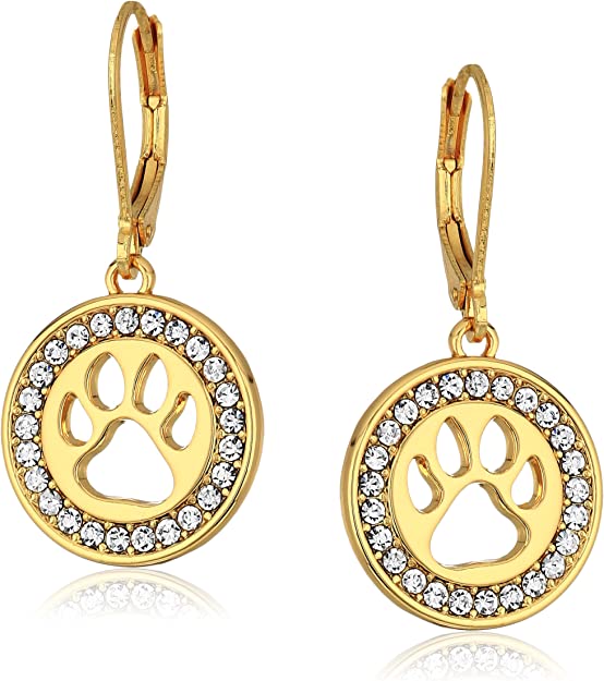 Pet Friends Goldtone/Crystal Paw Drop Earrings, Gold