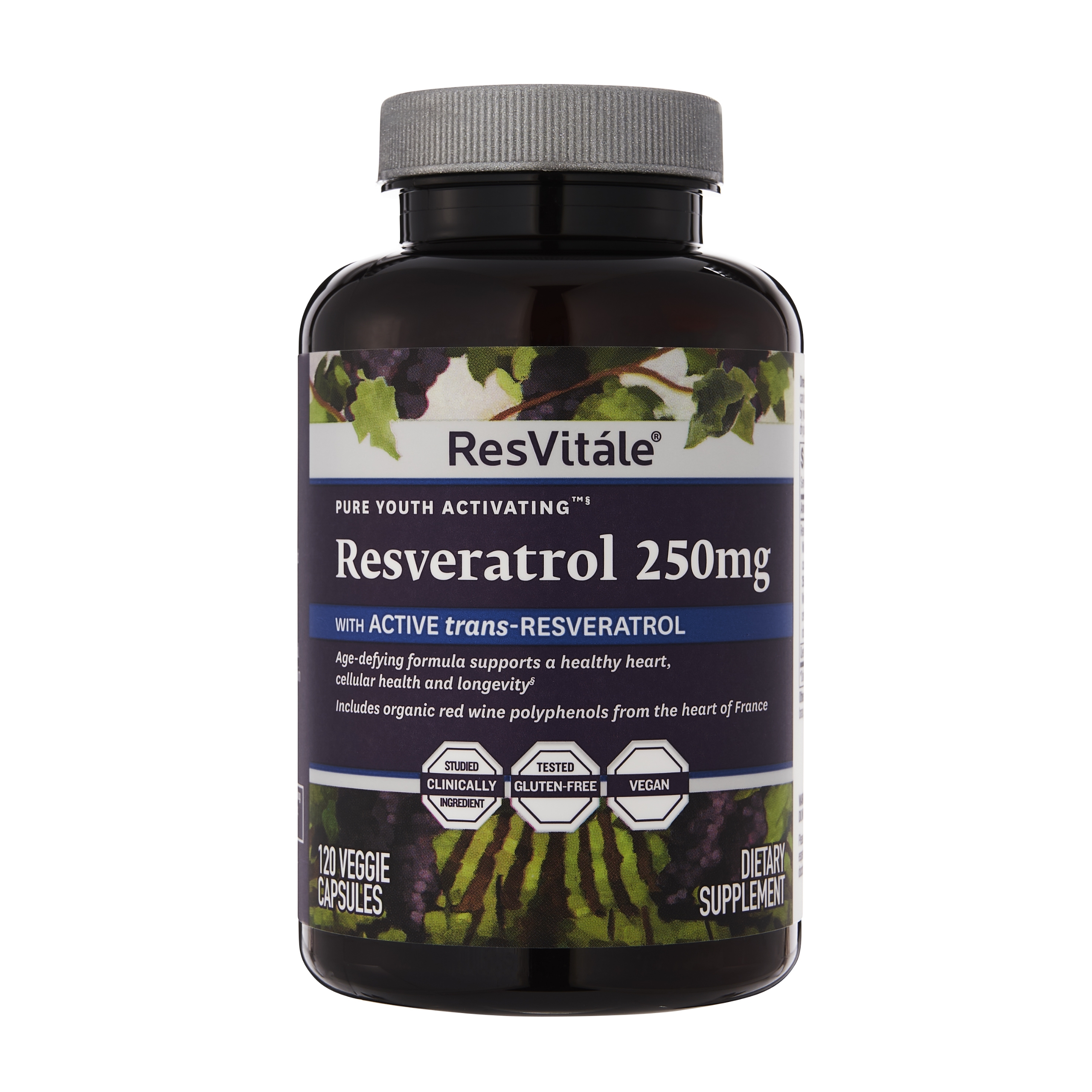 ResVitale Resveratrol 250mg - Anti Aging Antioxidants Supplement for Heart Health & Immune Support - Natural Trans Resveratrol Supplement with Grape Extract & Quercetin, 120 Veggie Caps