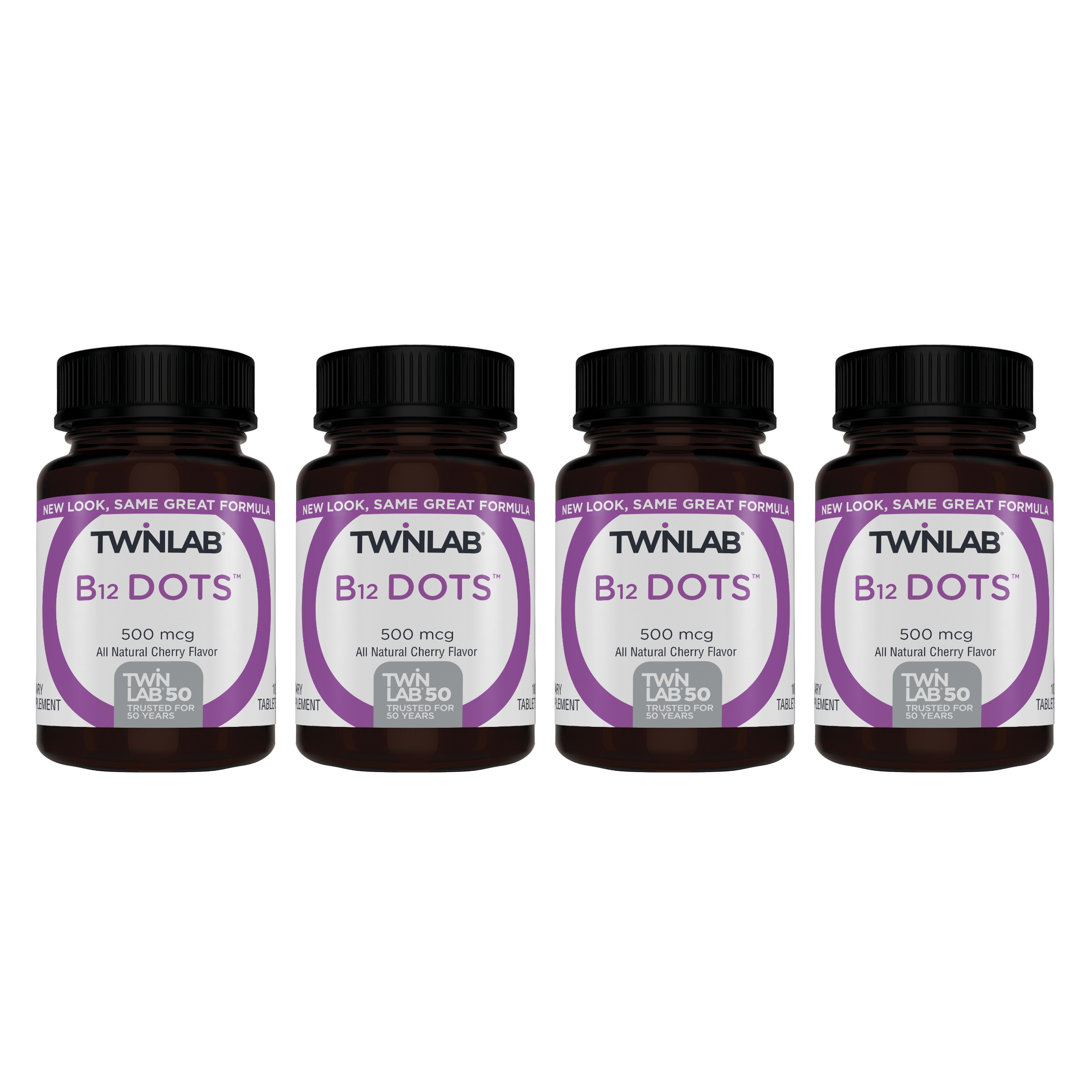Twinlab B12 Dots - Vegetarian Vitamin B12 Sublingual Natural Energy Pills - for Nerve & Brain Health, Energy Boost & Daily Immune Support - 500mcg, Cherry Flavor 100 Lozenges, 4 Pack