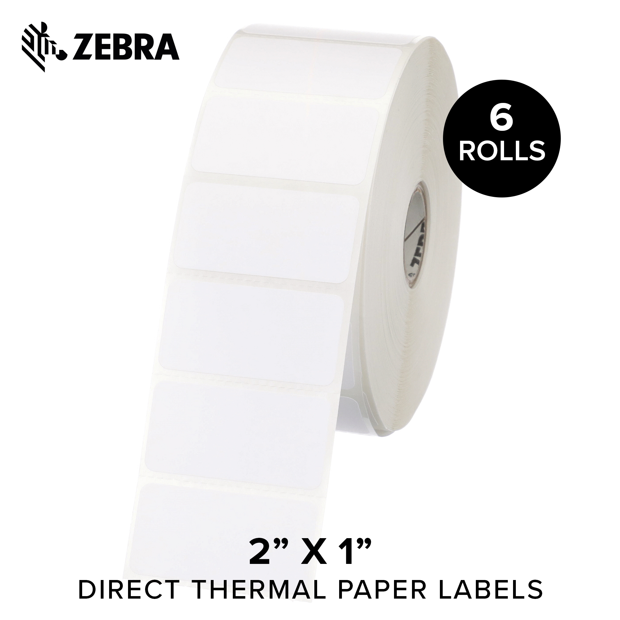 Zebra 2 x 1 in Direct Thermal Paper Labels Z-Perform 2000D Permanent Adhesive Shipping Labels 1 in Core 6 rolls 10031634SP