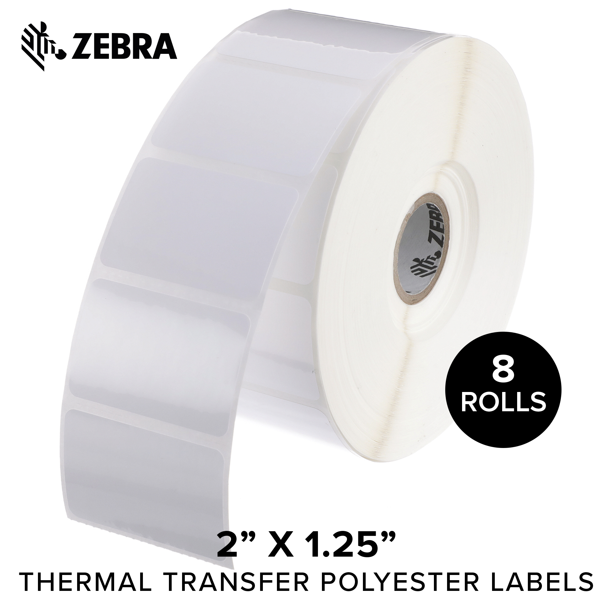 Zebra 2 x 1.25 in Thermal Transfer Polyester Labels Z-Ultimate 3000T Permanent Adhesive Shipping Labels 1 in Core 8 rolls 10031645SP