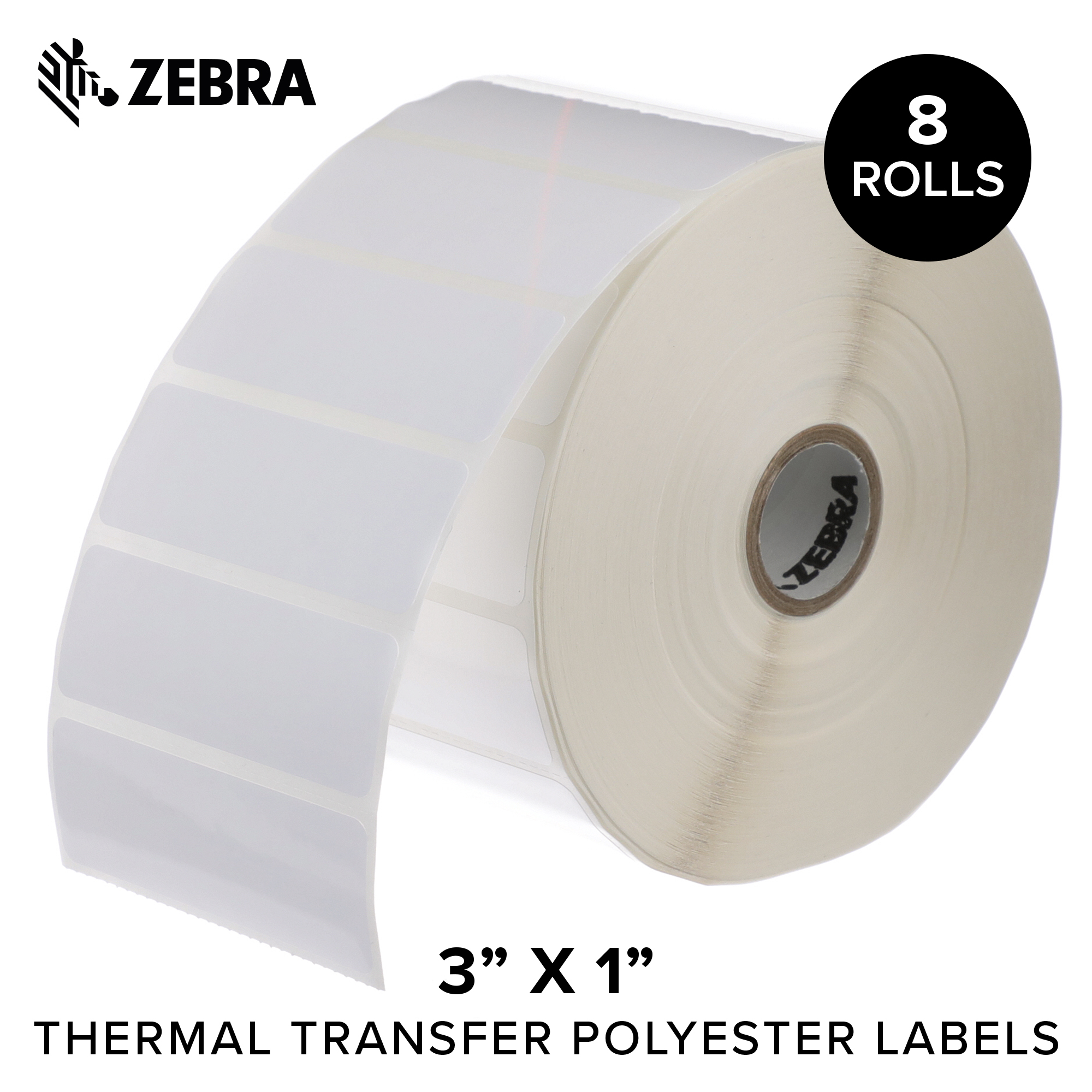 Zebra 3 x 1 in Thermal Transfer Polyester Labels Z-Ultimate 3000T Permanent Adhesive Shipping Labels 1 in Core 8 Rolls 10031646SP