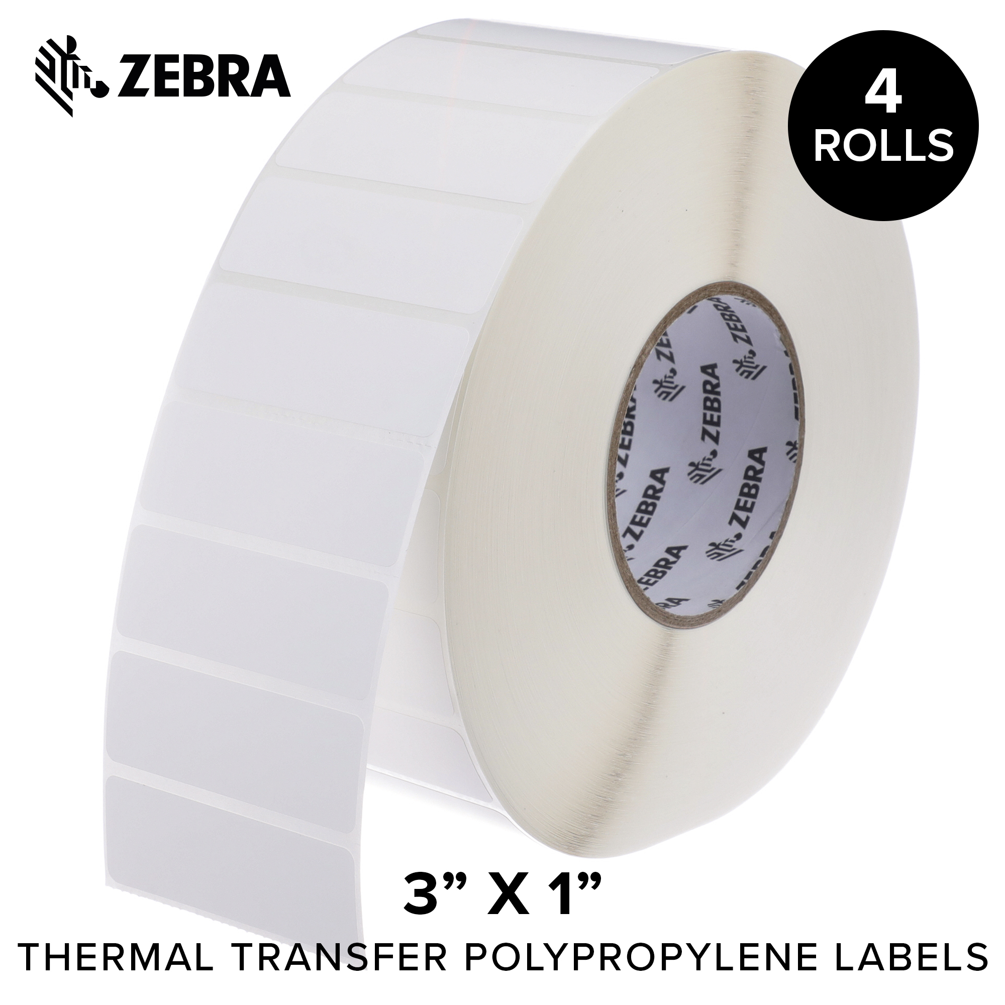 Zebra - 3 x 1 in Thermal Transfer Polypropylene labels, PolyPro 3000T Permanent Adhesive Shipping labels, Zebra Industrial Printer Compatible, 3 in Core - 4 rolls - 10031658SP