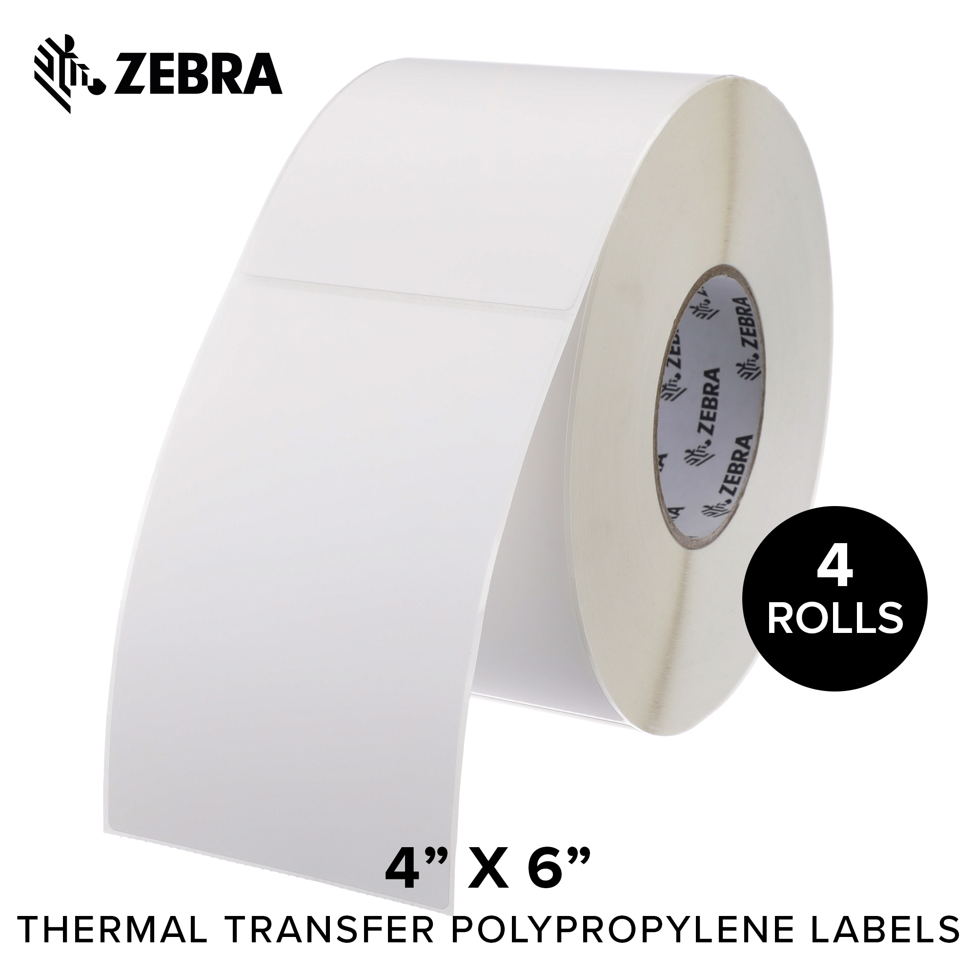Zebra - 4 x 6 in Thermal Transfer Polypropylene labels, PolyPro 4000T Permanent Adhesive Shipping labels, Zebra Industrial Printer Compatible, 3 in Core - 4 rolls - 10031660SP
