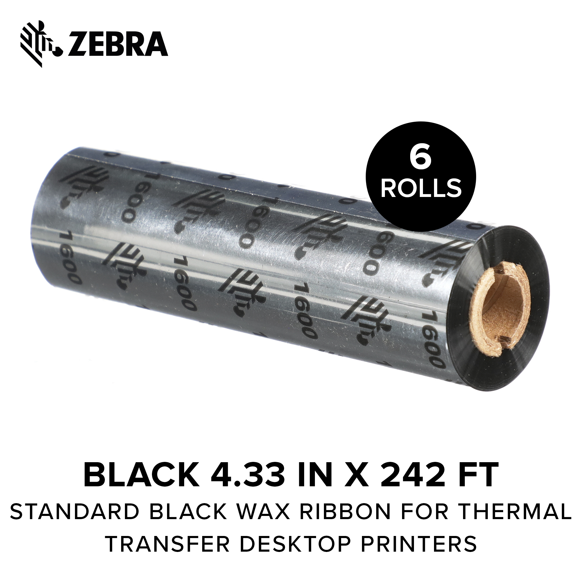 Zebra Standard Black Wax Ribbon for Thermal Transfer Desktop Printers Width 4.33 in Length 242 ft 0.5 in Core 6 Rolls 10031723SP