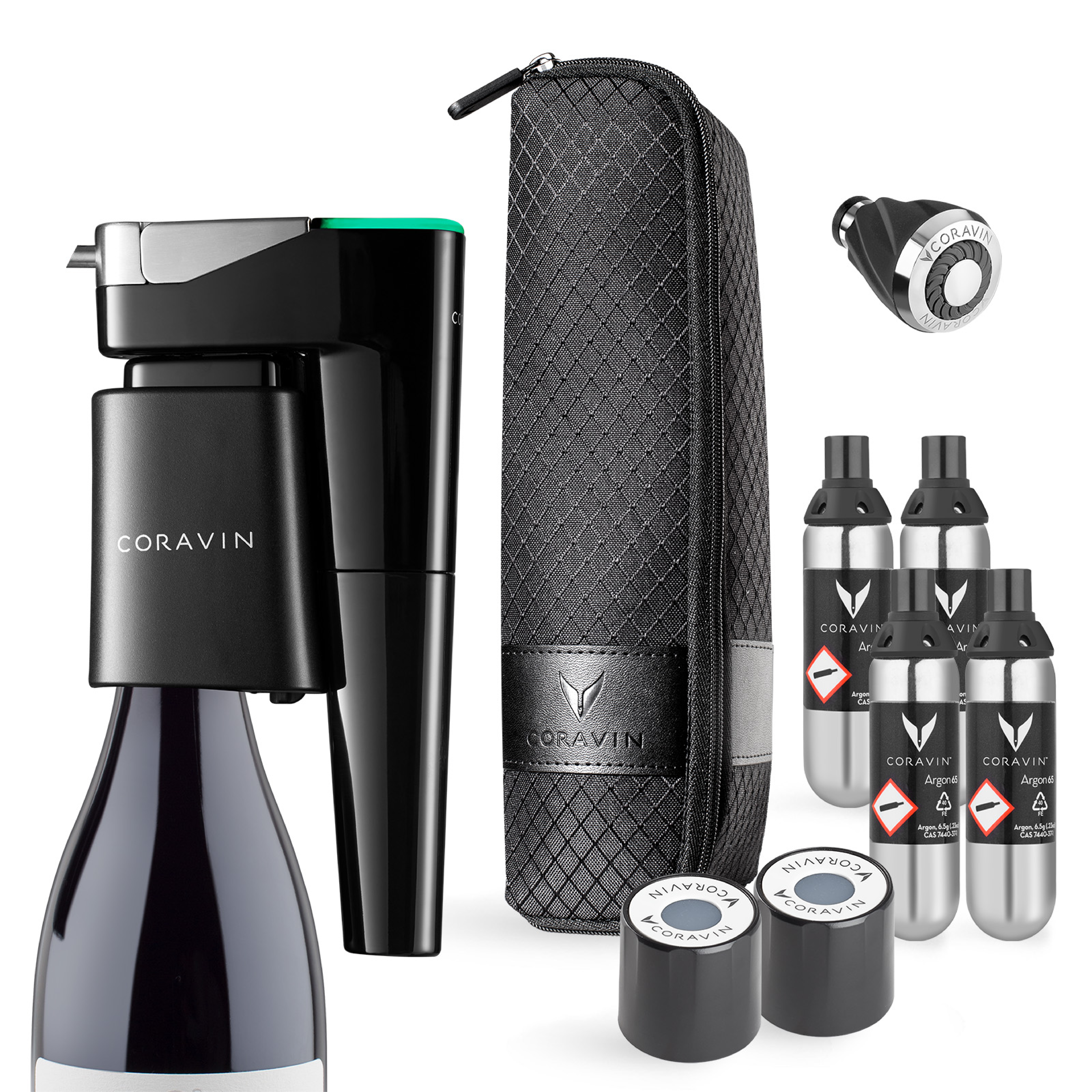 Coravin Model Eleven Wine Collector Pack - Fully Automatic Wine Preservation System - Bluetooth Connected Bottle Opener - Includes 4 Argon Gas Capsules, 2 Screw Caps, Carry Case, and Aerator Accessory