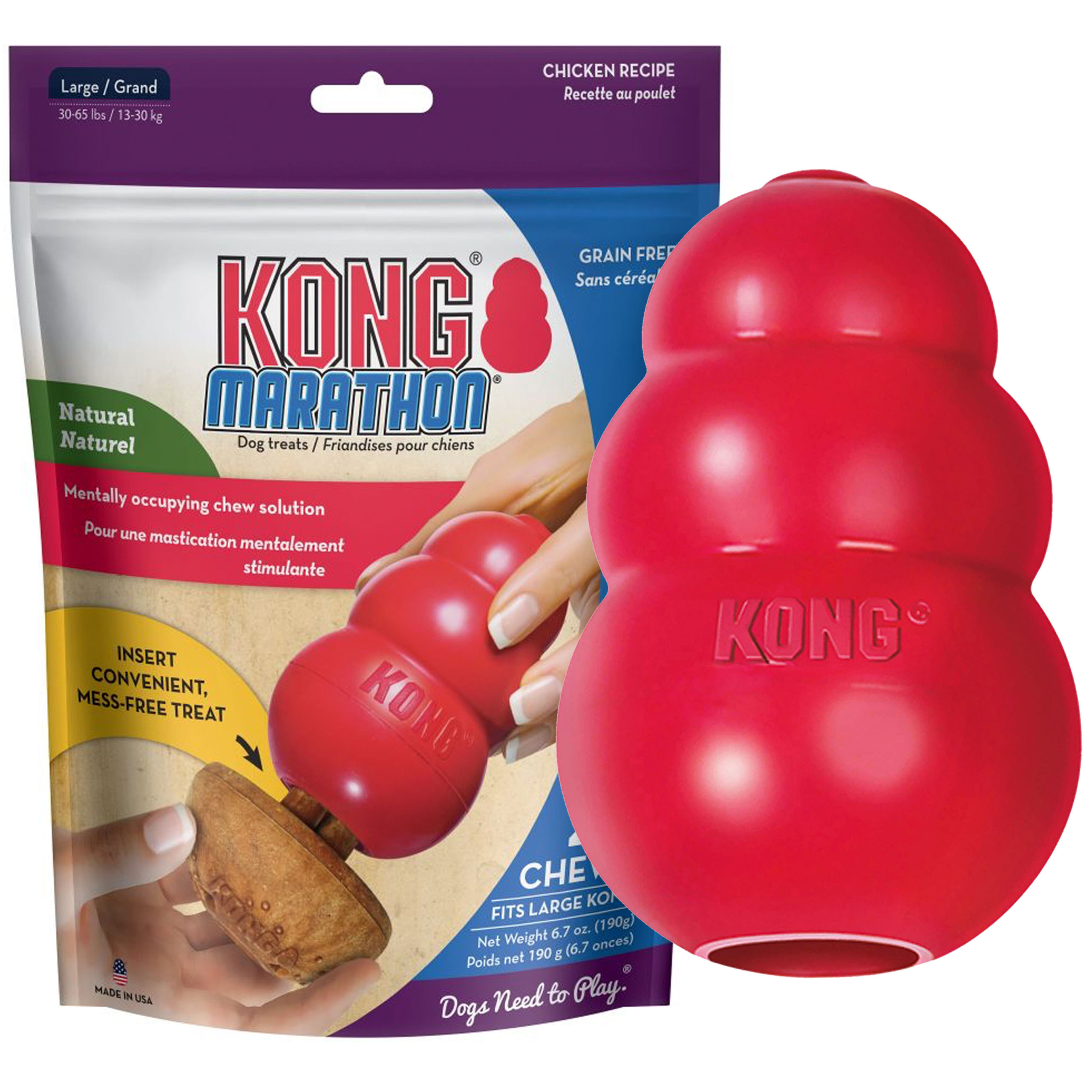 KONG - Classic Durable Dog Toy and Marathon Chew Treat Combo (2 Pieces) - Chicken, Large