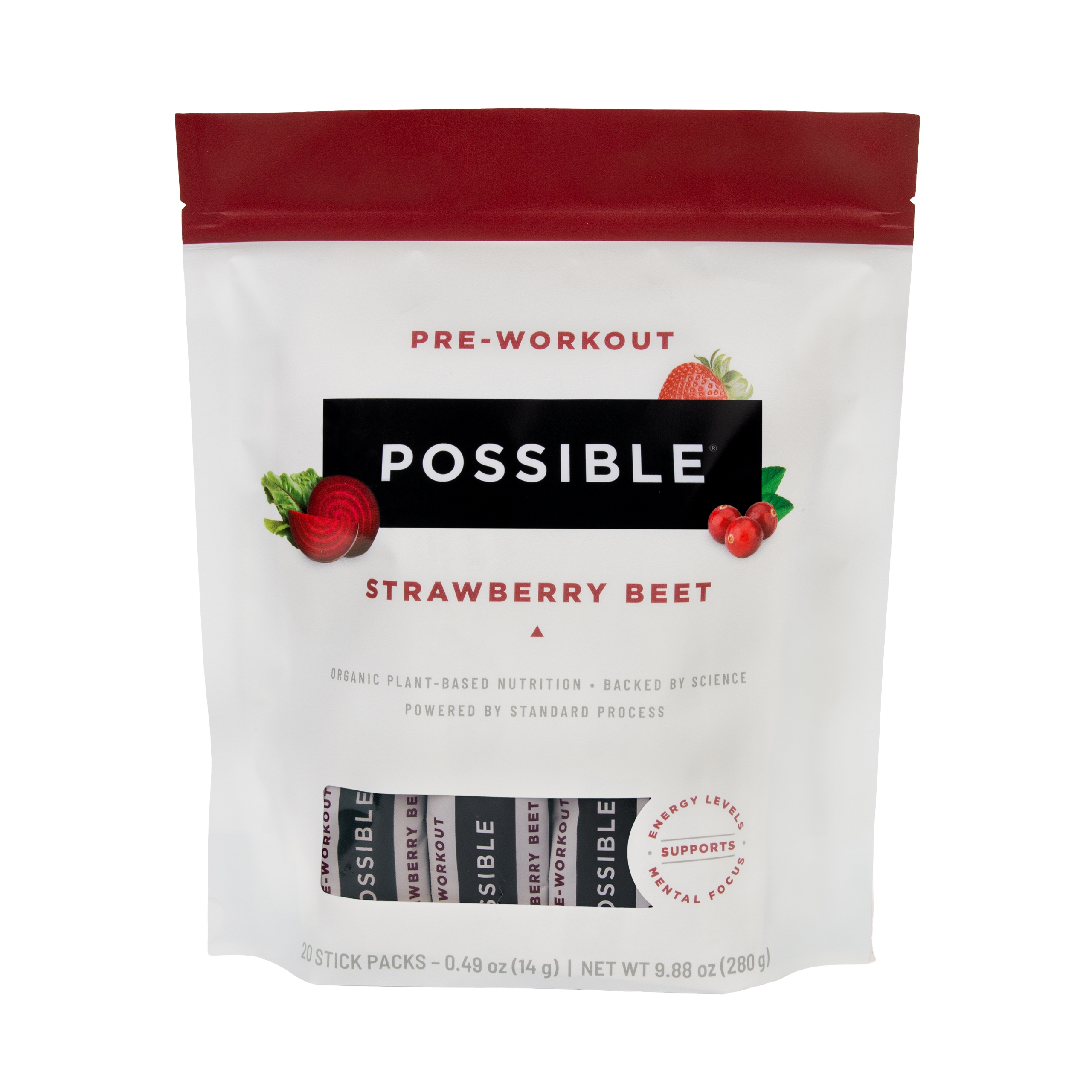 Possible Strawberry Beet Pre-Workout Protein Powder -  280 Grams Vegan Plant-Based Protein Mix, Non-GMO, Organic, Non-Dairy - 20 servings