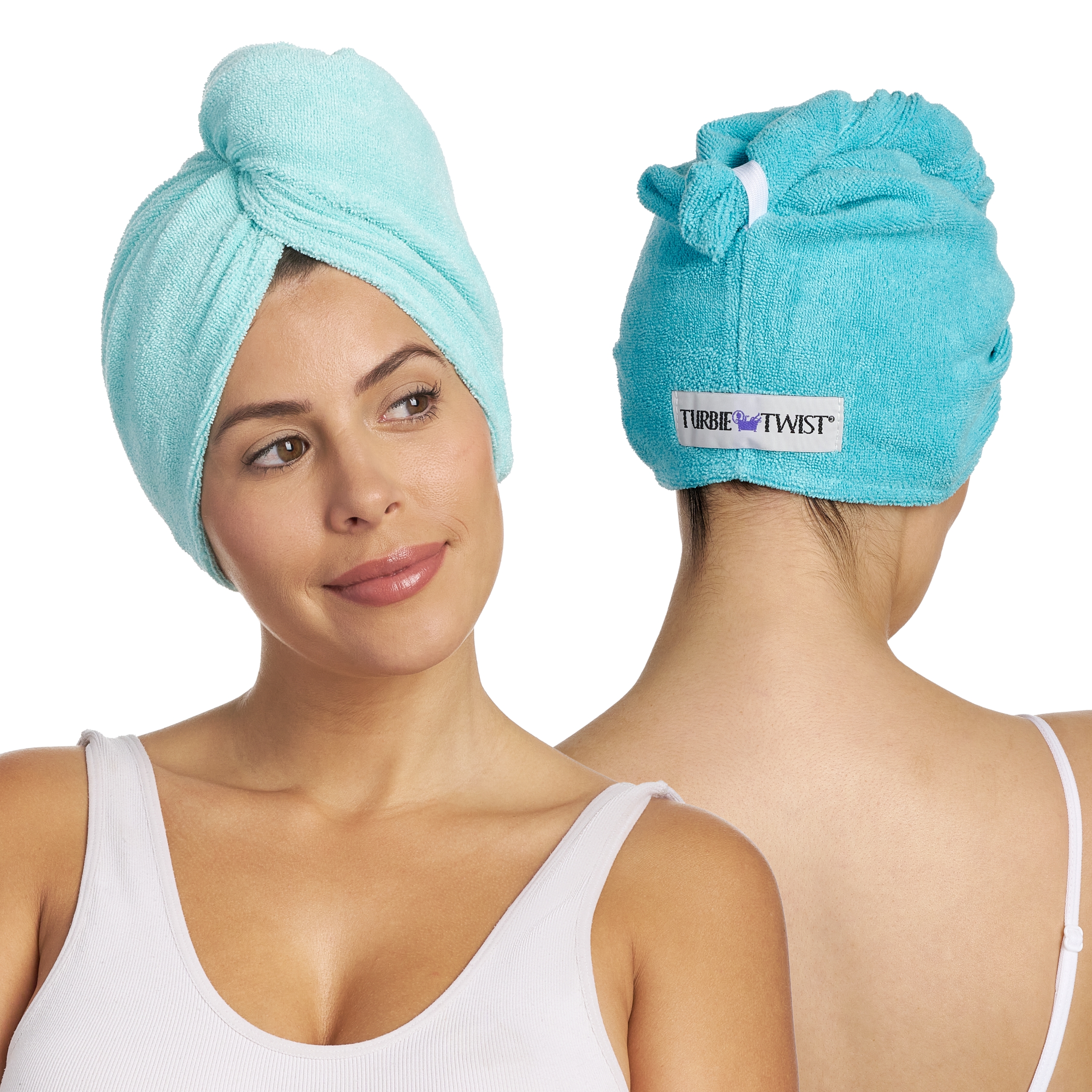 Turbie Twist Microfiber Hair Towel Wrap for Women and Men | 2 Pack | Bathroom Essential Accessories | Quick Dry Hair Turban for Drying Curly, Long & Thick Hair (Dark Aqua, Light Aqua)